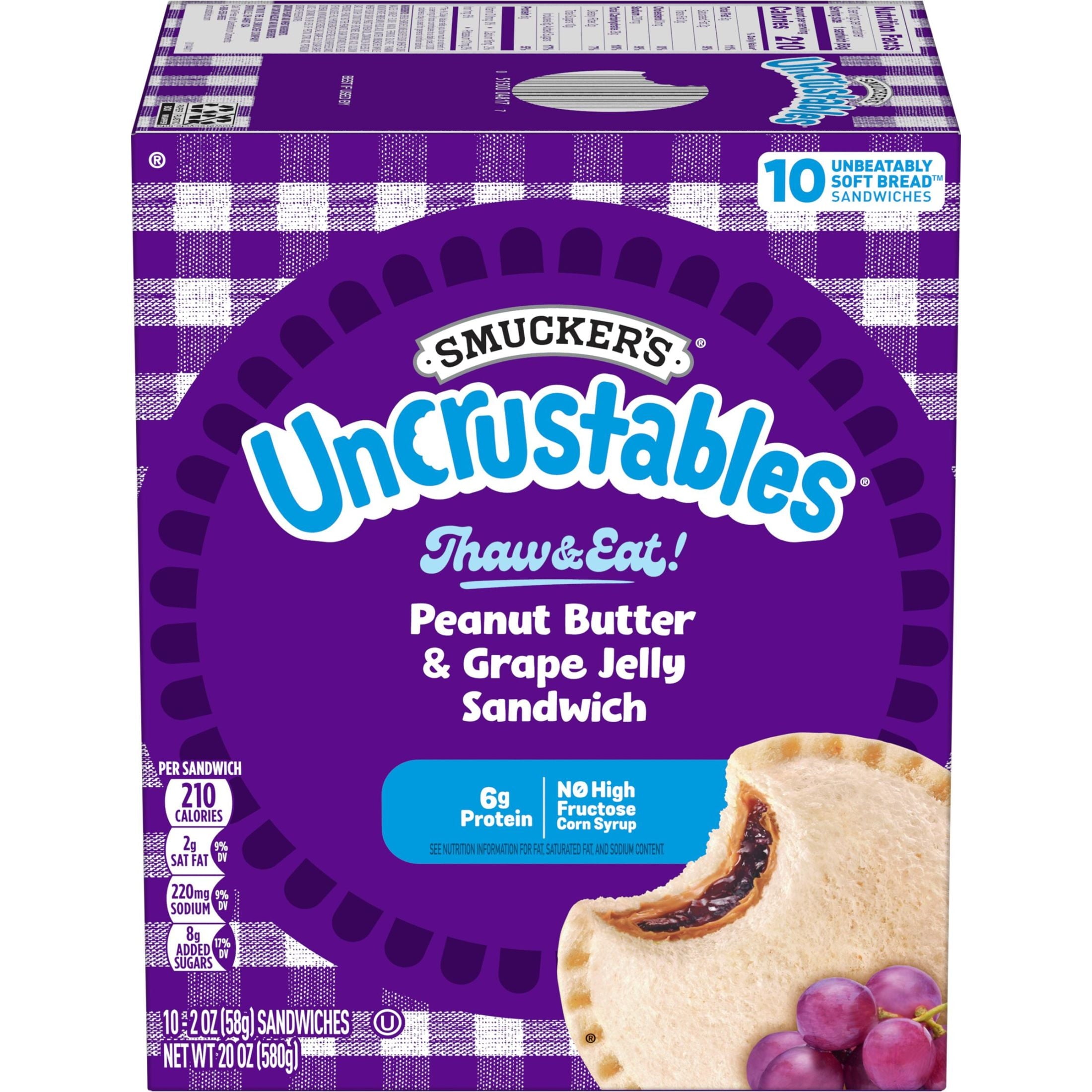 Smucker’s Uncrustables Peanut Butter & Grape Jelly Sandwiches, 10 Count, 2 Oz. Each, Frozen