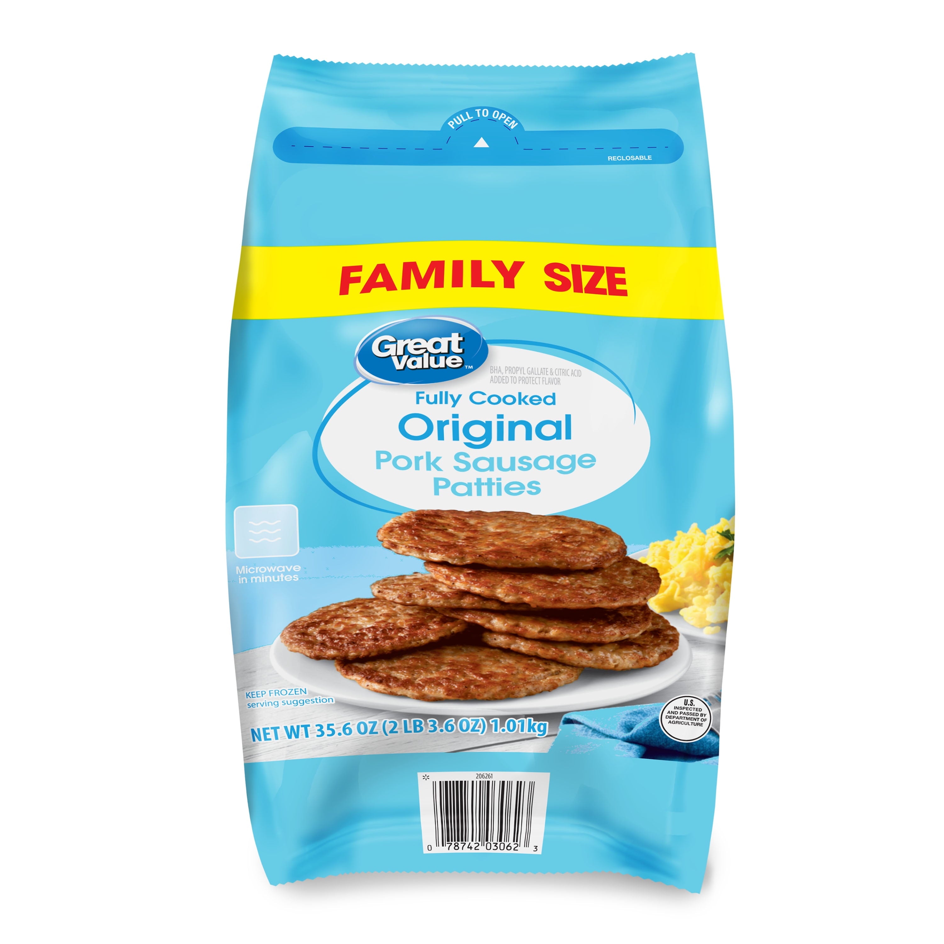 Great Value Fully Cooked Original Pork Sausage Patties, Family Size, 35.6 oz (Frozen)