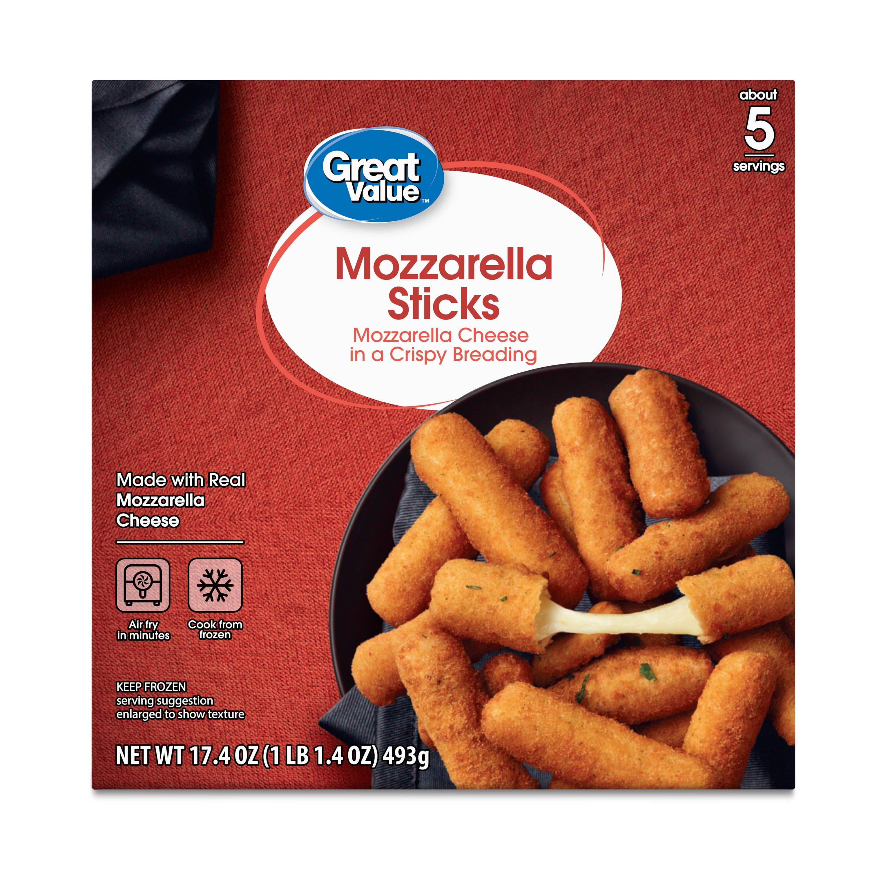 Great Value Mozzarella Cheese Sticks Appetizer, 17.4 oz Carton (Frozen)