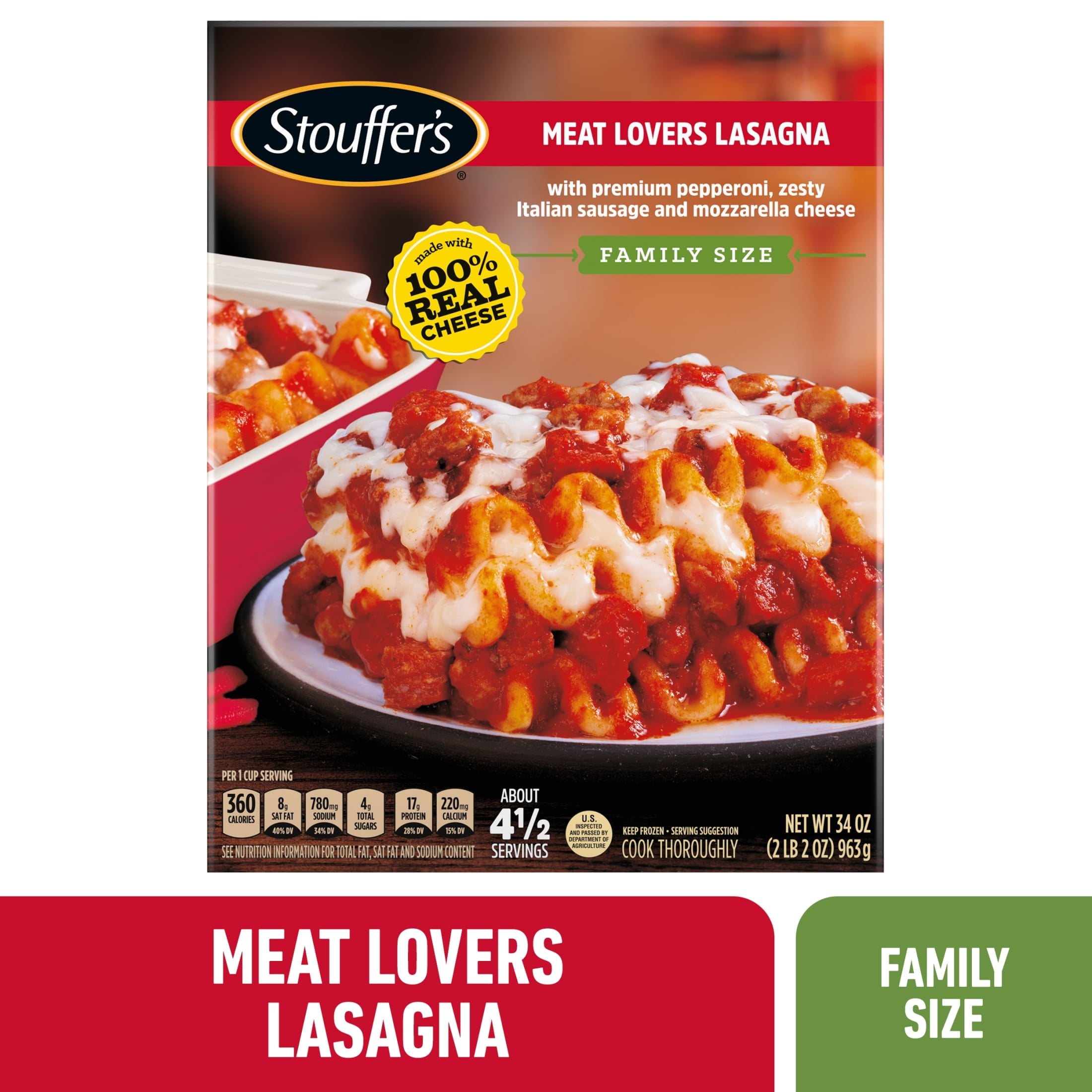 Stouffer's Meat Lovers Lasagna Family Size Ready Dinner Boxed Food Meal, 34 oz (Frozen)