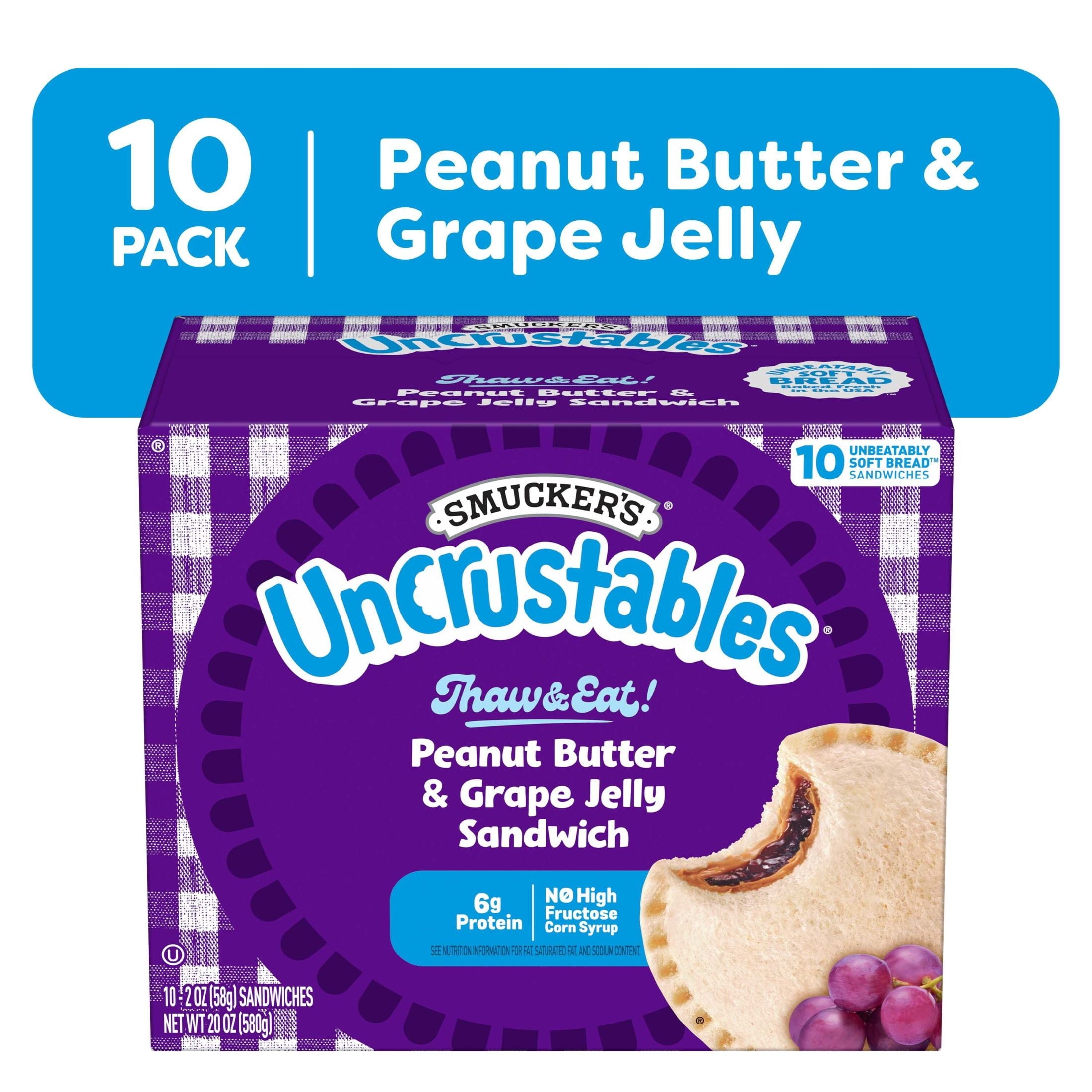 Smucker’s Uncrustables Peanut Butter & Grape Jelly Sandwiches, 10 Count, 2 Oz. Each, Frozen