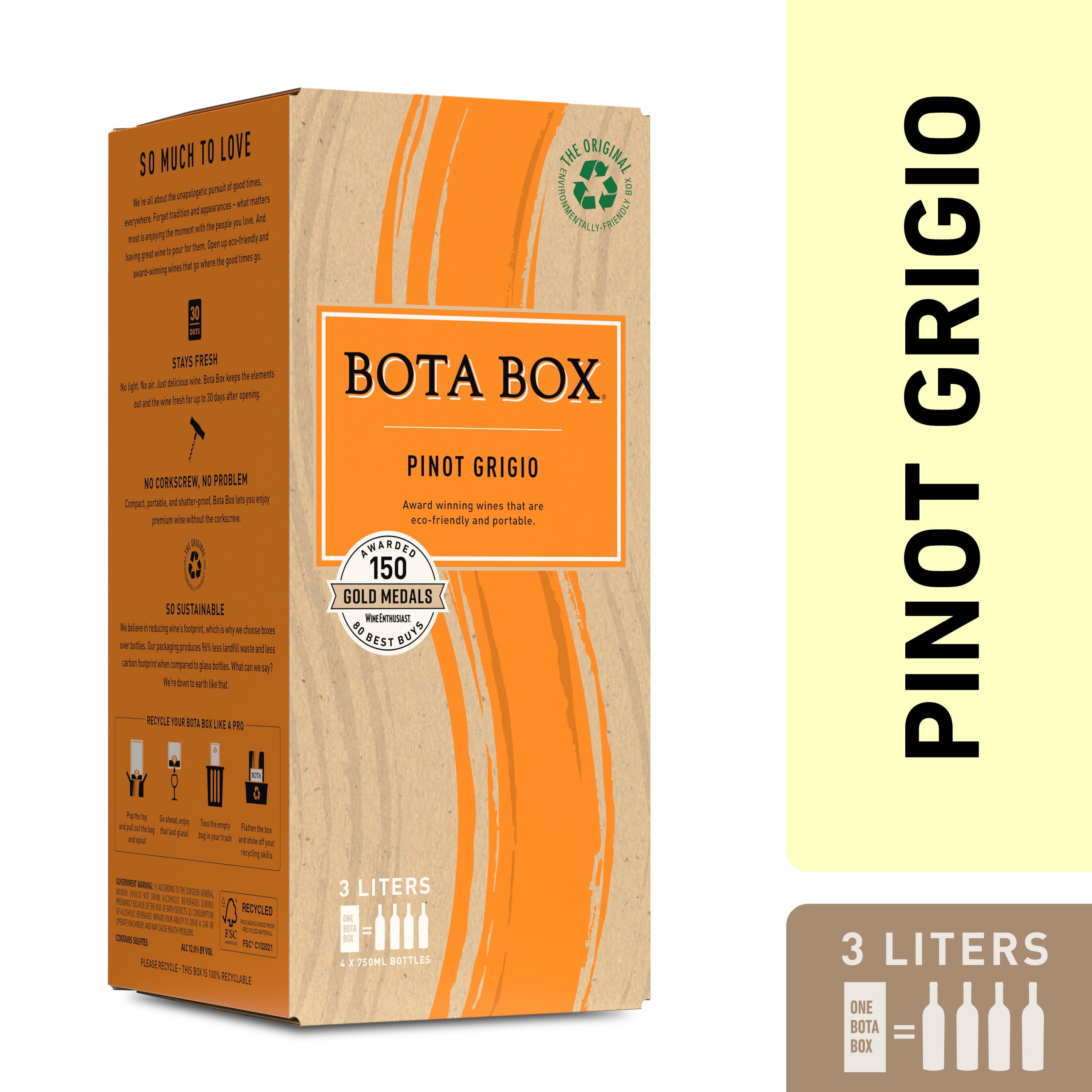 Bota Box Pinot Grigio White Wine, 3L (Equals 4 x 750ml Bottles), 12% ABV